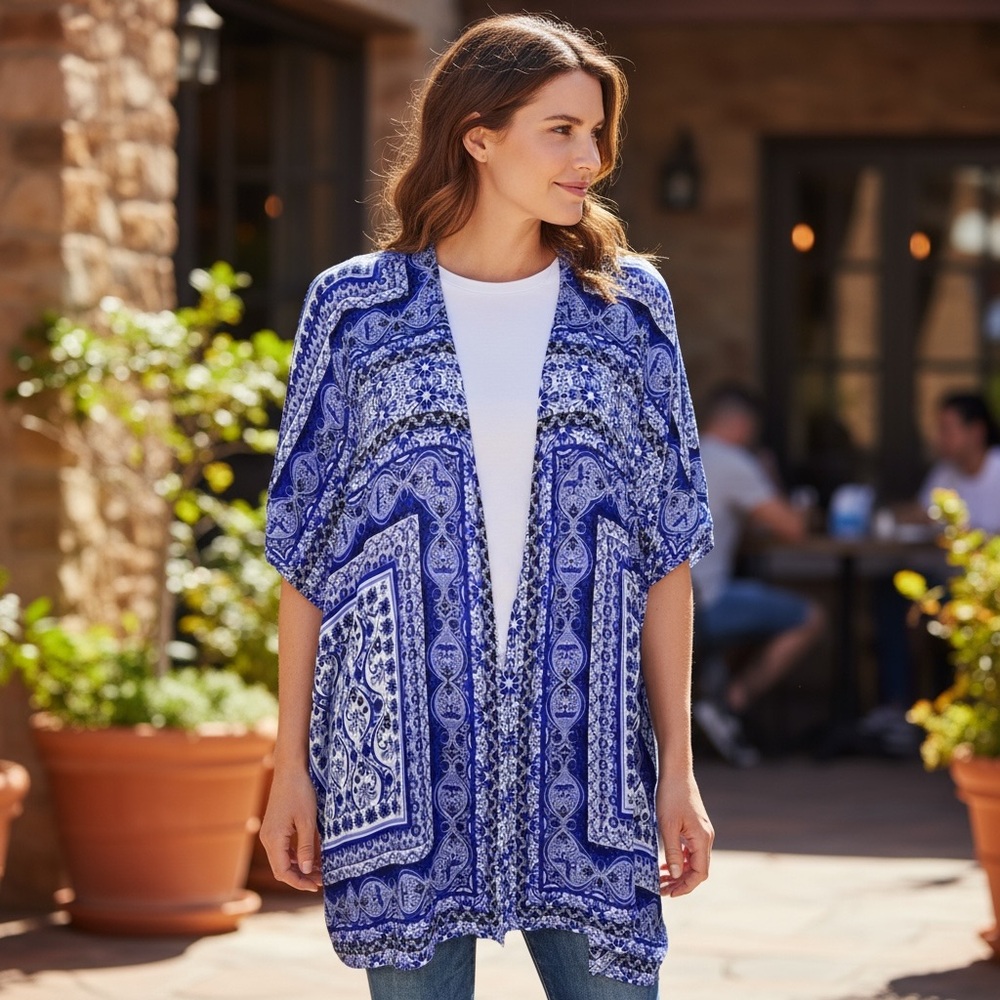 Blue Rain Kimono Cardigan NEW Blue White Boho Print Open Front Lightweight M